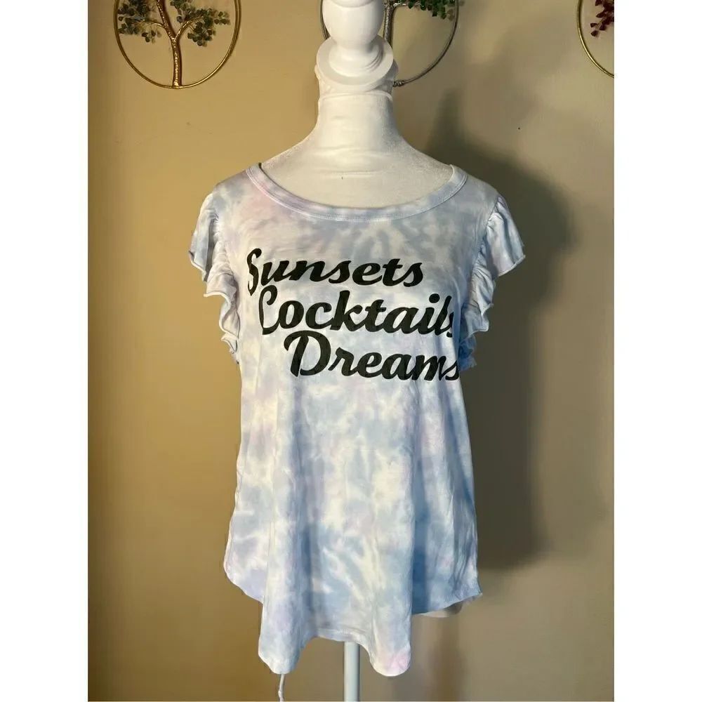 NWT! Chaser Blue White Pink Tie Dye Sunsets Cocktails Dream Flutter Sleeve Tee M
